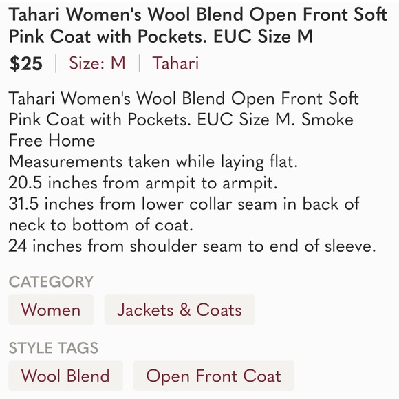 Tahari Women's Wool Blend Open Front Soft Pink Coat with Pockets. - Picture 12 of 12